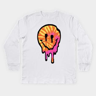 Pink and Orange Tie Dye Drippy Smiley Face Kids Long Sleeve T-Shirt